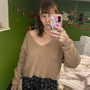 The Group Babaton V-Neck Sweater in Tan Merino Wool Aritzia